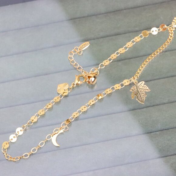 "Rose Gold Leaf Charm Anklet with Moon Pendant, XPAL1184 - Picture 2 of 12